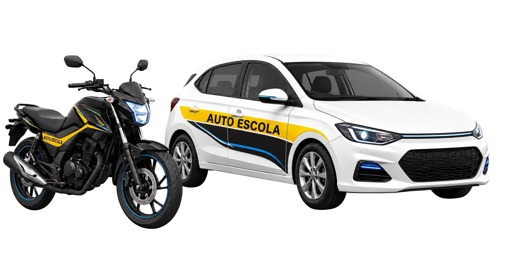 Carro branco de autoescola e moto preta para aulas práticas